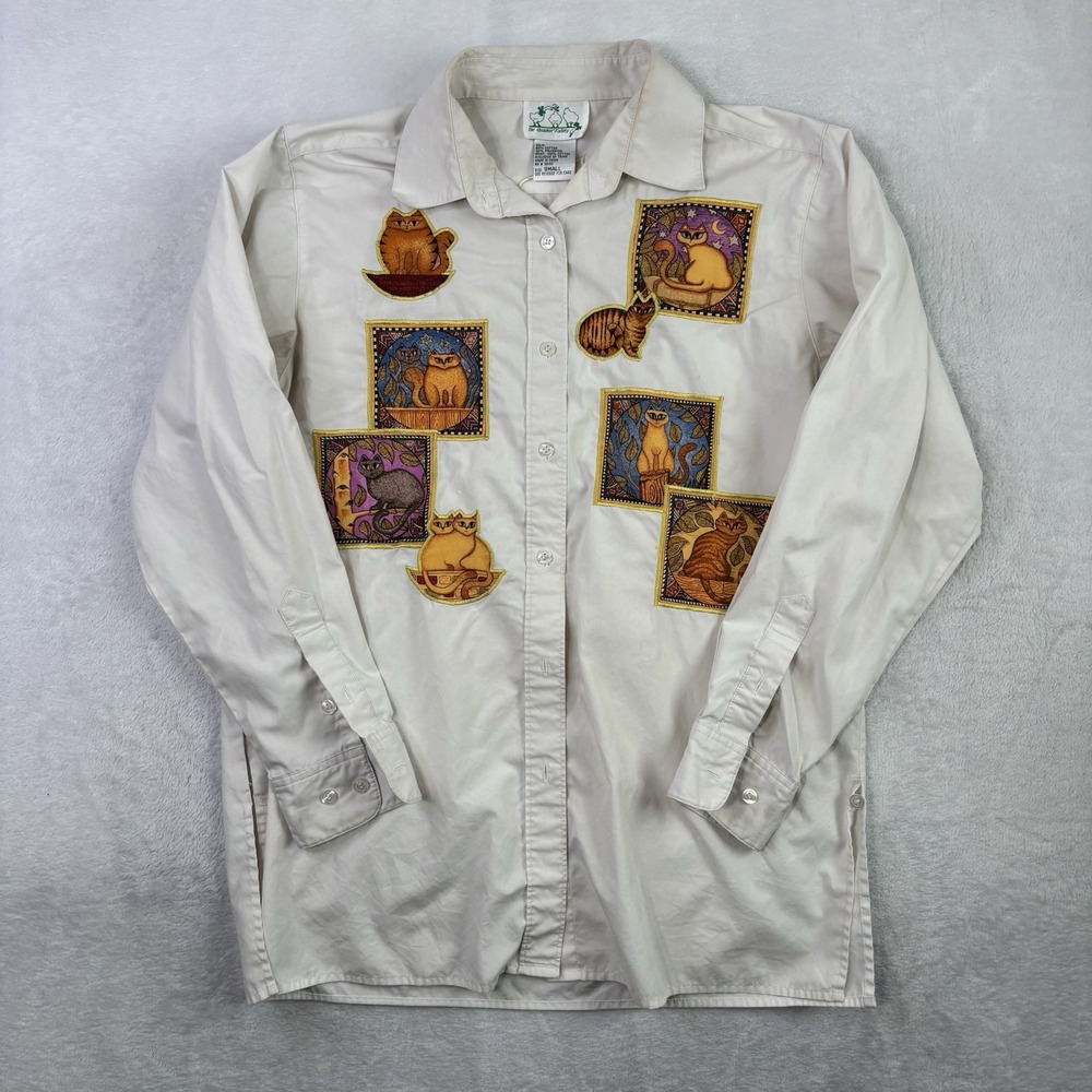 The Quacker Factory Cats Button Up White Long Sleeve Collared Blouse Women's S